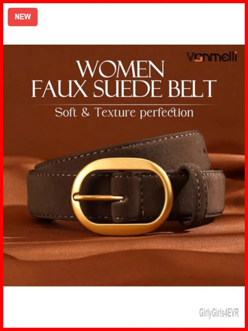 Faux Suede Belt for Women with Vintage Gold Buckle, Adjustable, 9 Holes, 1.1